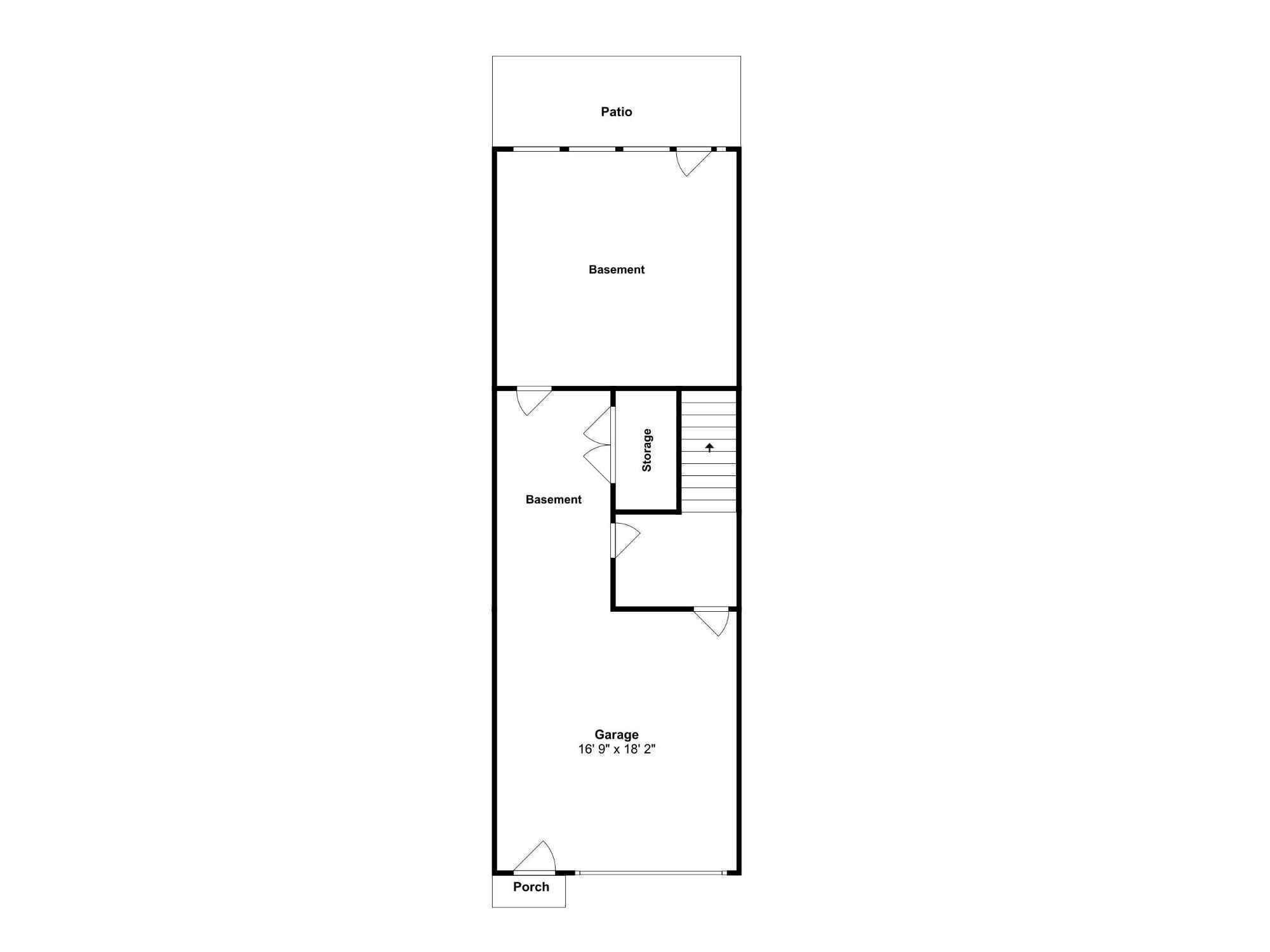 Grundrids med terrasse, kælder, opbevaring, garage og veranda.