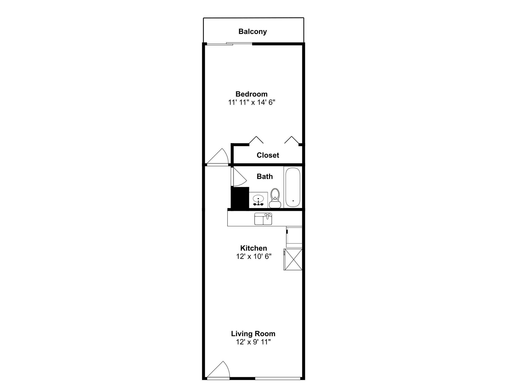 A floor plan with a balcony, bedroom, closet, bathroom, kitchen, and living room.