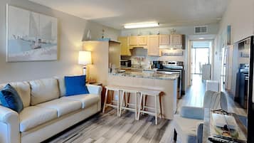 Condo, 1 King Bed with Sofa bed, Balcony, Ocean View (#2 - No Pets) | Living area | TV