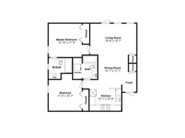 A floor plan with a master bedroom, living room, dining room, kitchen, master bathroom, and a foyer.