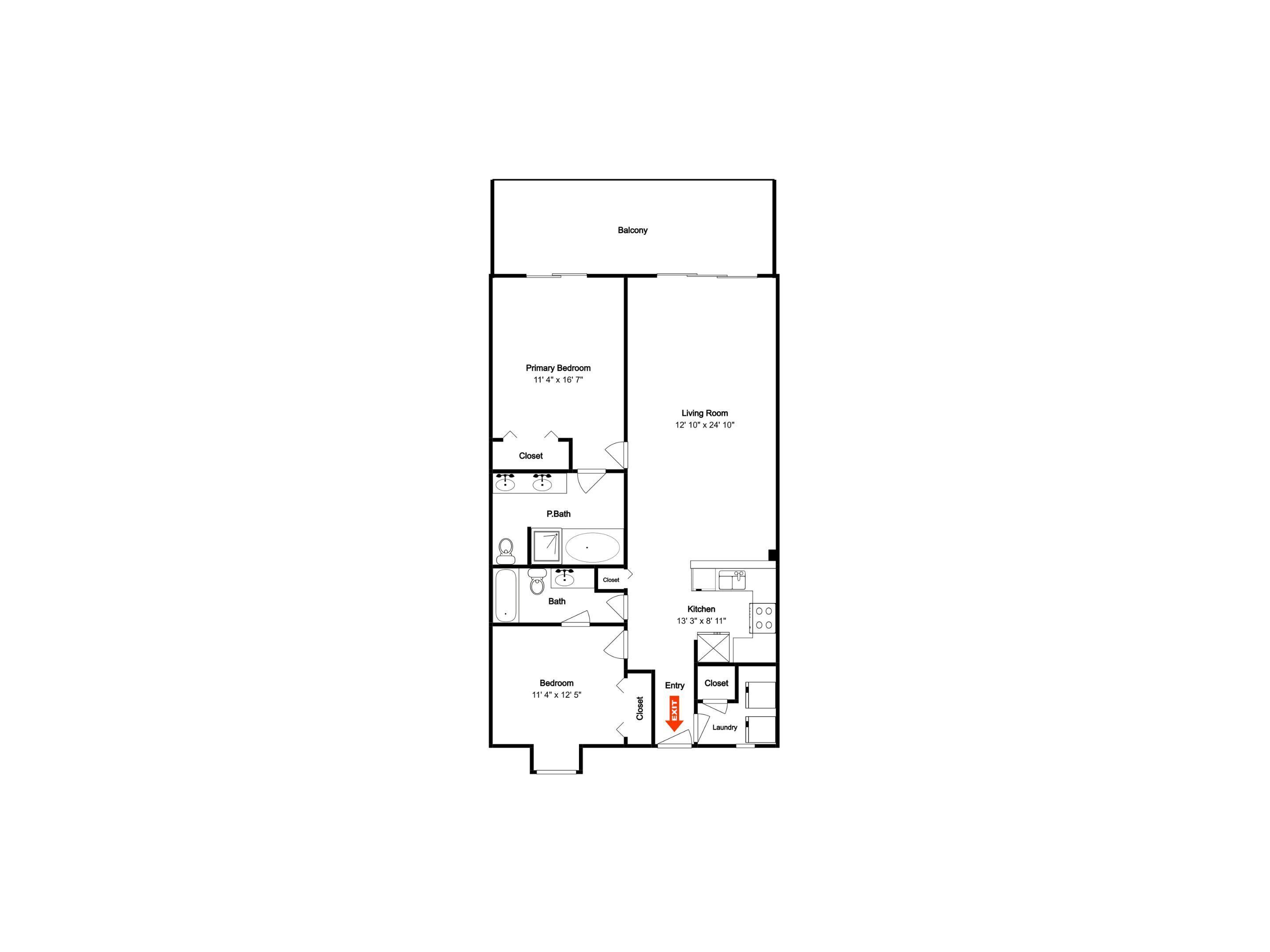 Plan d’étage d’une chambre d’hôtel avec balcon, chambre principale, salon, salle de bains avec WC, salle de bains, cuisine et entrée.