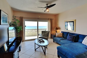 Condo, Multiple Beds, Balcony, Ocean View (#N3 - No Pets) | Living area | 40-inch TV with digital channels, MP3 dock - Villas on the Gulf by Southern Vacation Rentals (Pensacola Beach)