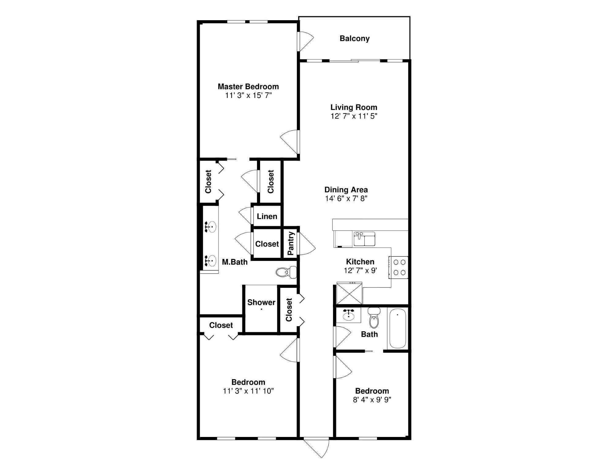 Plano de planta de una habitación de hotel que incluye un dormitorio principal, sala de estar, balcón, comedor, cocina y dos dormitorios adicionales.