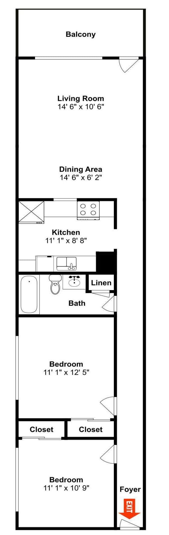 A floor plan of a hotel room with a balcony, living room, dining area, kitchen, two bedrooms, two closets, a bathroom, and an exit.