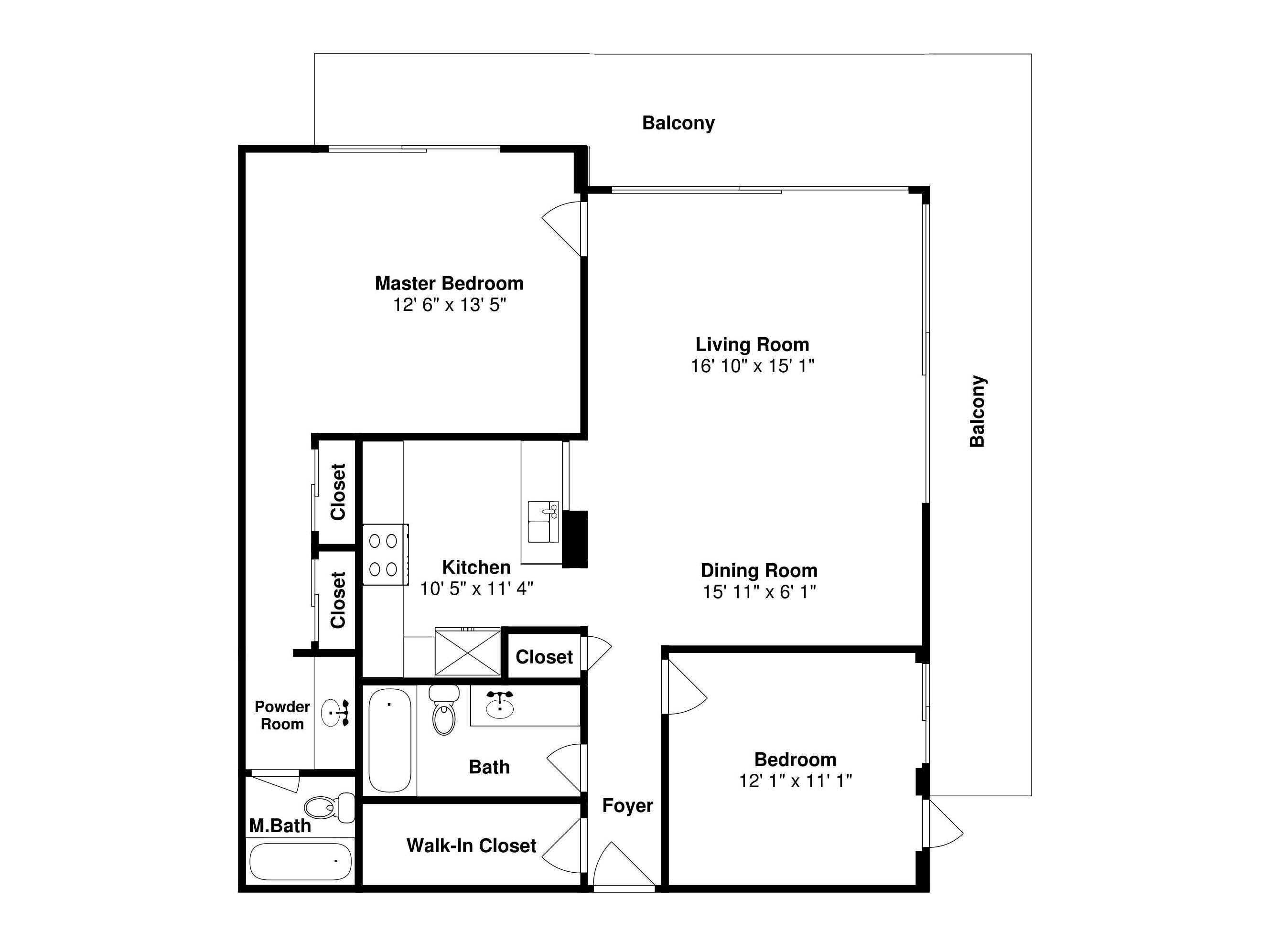 A floor plan of a house with a master bedroom, living room, dining room, kitchen, powder room, bathroom, walk-in closet, foyer, and balcony.