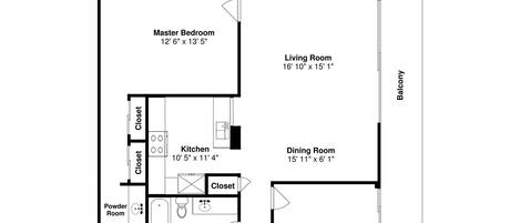 A floor plan of a house with a master bedroom, living room, dining room, kitchen, powder room, bathroom, walk-in closet, foyer, and balcony.