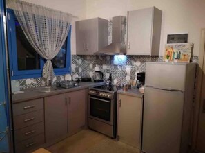 Apartamento | Cocina privada | Frigorífico, microondas, horno y placa de cocina