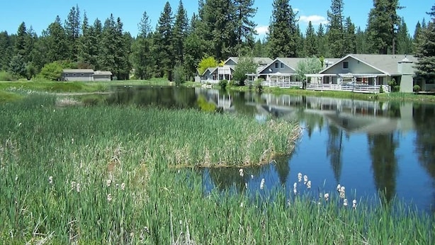 A lakeside property with multiple cabins, a dock, and a reflection in the water. - Peace on the Pond - 70 Pond (Blairsden)