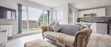 TV, fireplace, books, offices