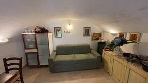 A compact living space with a sofa, a dining table, and a kitchen area with cabinets and a countertop.