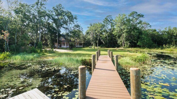 A wooden pier leading to a house surrounded by lush greenery and a pond with lily pads. - Lovely Hawthorne Home w/ Private Boat Dock! (Hawthorne)