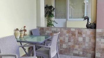 A patio with a glass table and four chairs, a potted plant, and a decorative duck.