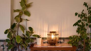 Una habitación con una mesa de madera, una lámpara colgante y plantas en macetas.