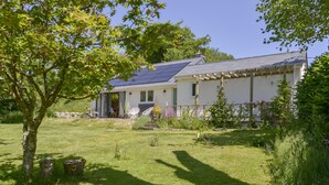A house with a sloped roof, solar panels, and a garden with a tree and various plants. - Bluebell Cottage (Tavistock)
