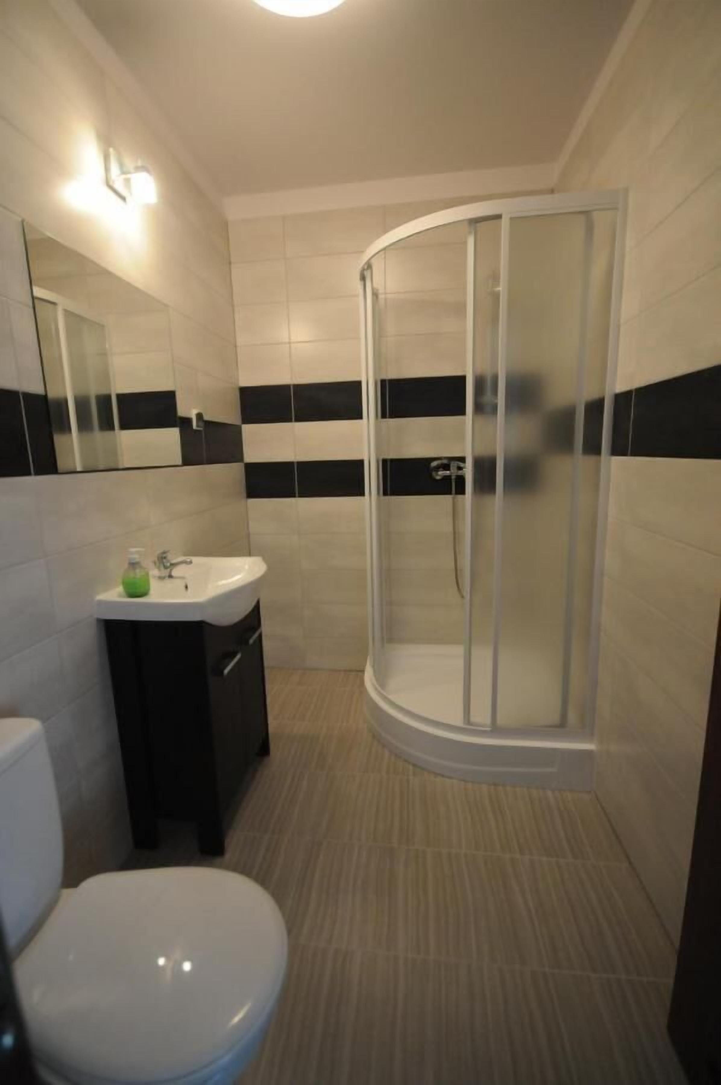 Une salle de bain avec des toilettes, un lavabo et une douche.