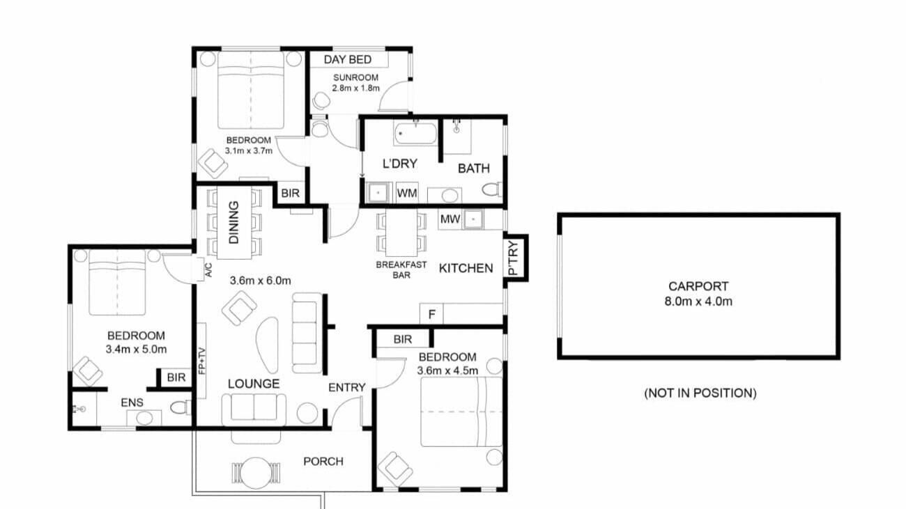 A floor plan of a hotel with a carport, multiple bedrooms, a dining area, a kitchen, a lounge, and a bathroom.