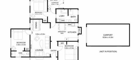 A floor plan of a hotel with a carport, multiple bedrooms, a dining area, a kitchen, a lounge, and a bathroom.