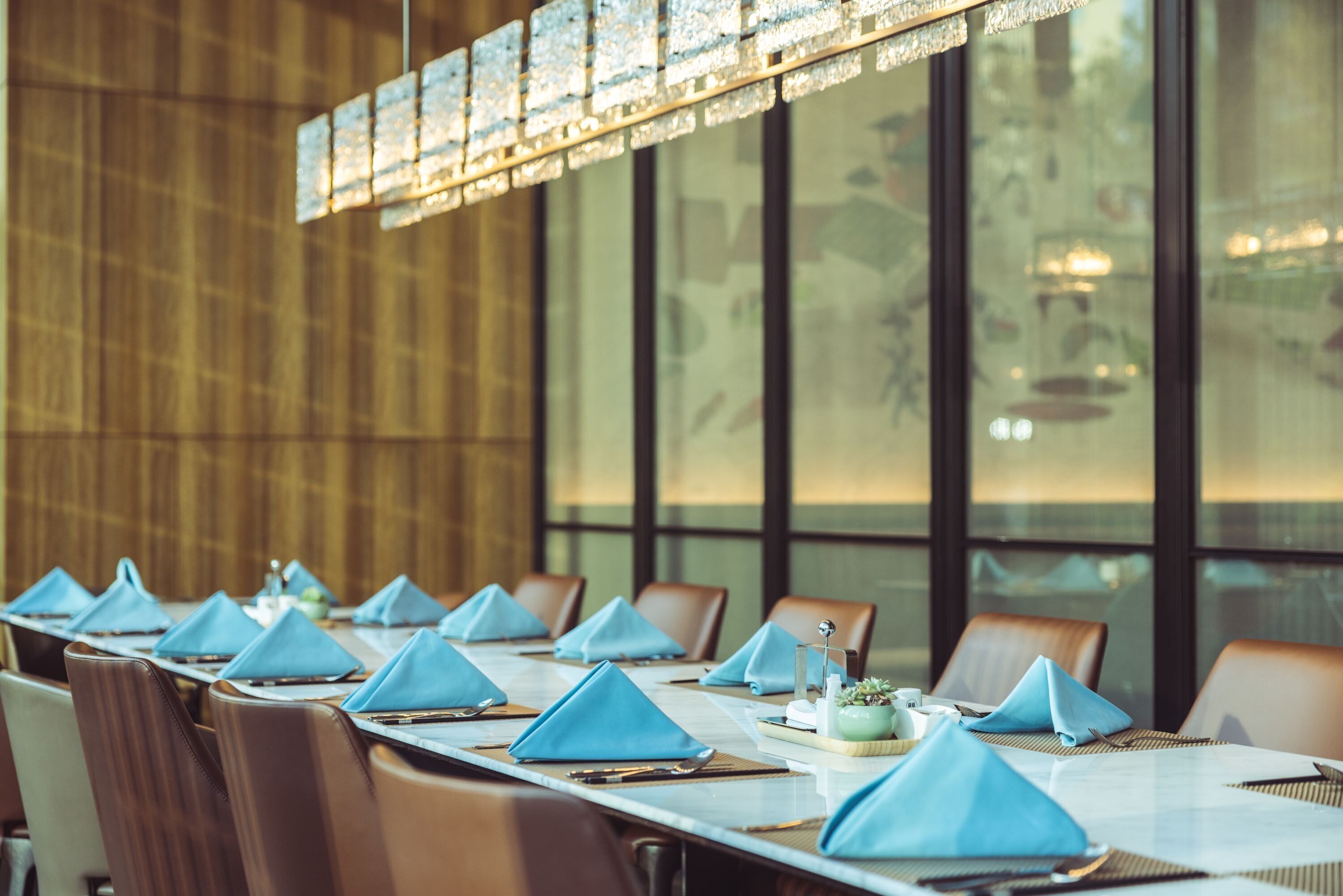 Une salle de conférence avec une longue table préparée pour une réunion, équipée de chaises, d’un lustre et d’une grande fenêtre offrant une vue dégagée.