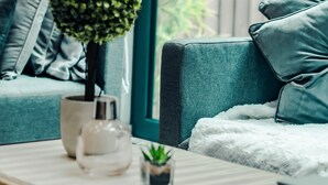 A cozy living room with a teal sofa, a small potted plant, a white fluffy throw, and a coffee table with a remote control and a book. - Hayy Collection Townhouse Living at Cliff Oaks (Leeds)