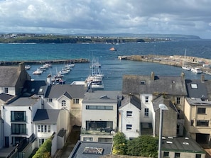 Stunning coastal town with marina, residential buildings, and a historic fortified structure.