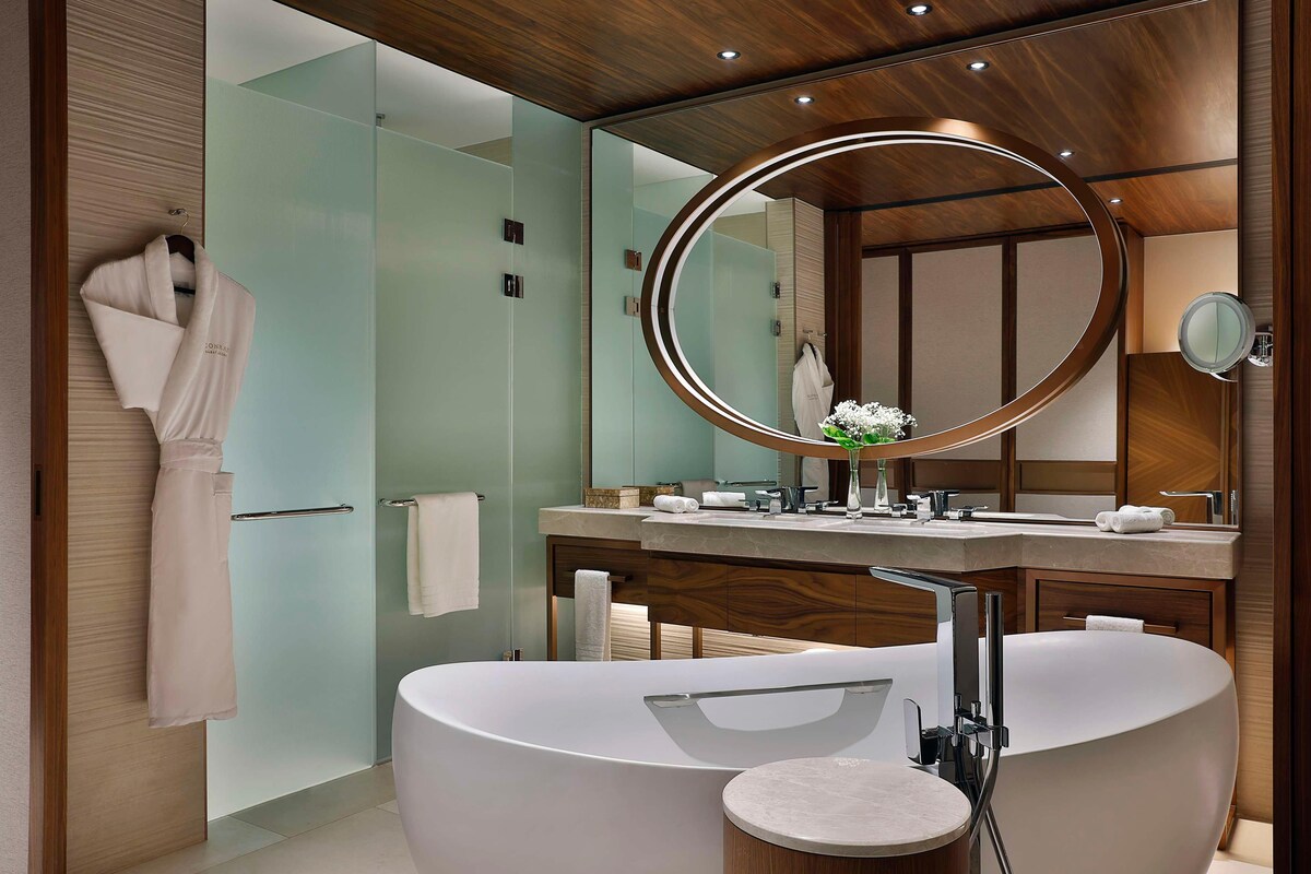 Bathroom | Separate tub and shower, rainfall showerhead, hair dryer, bathrobes