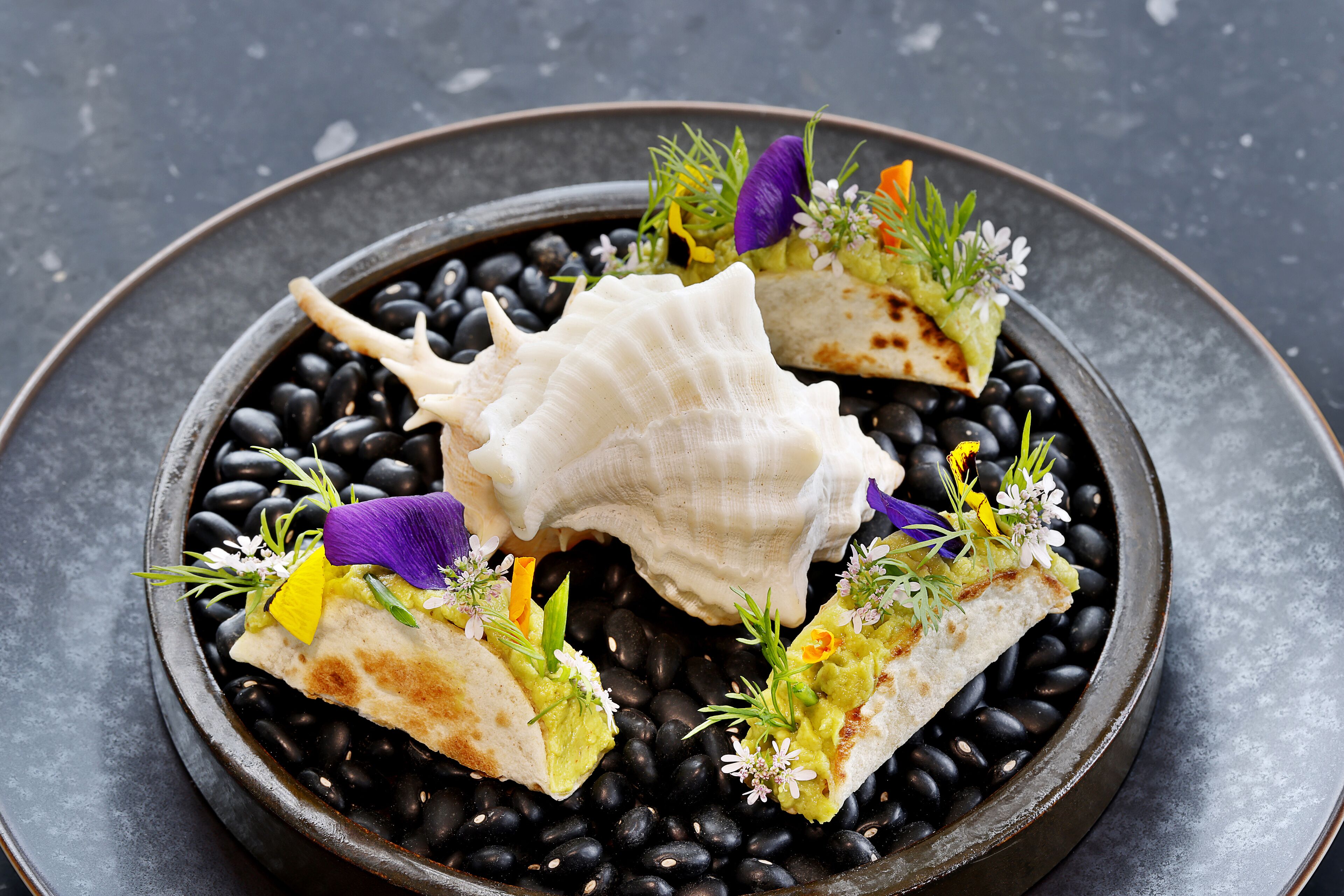 A dish with black beans, a large white shell, and two pieces of bread with green toppings.