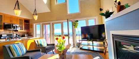 Een televisie, een open haard en boeken