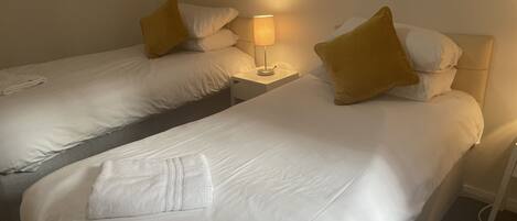 Two single beds with white linens and yellow pillows, a bedside table with a lamp, and a plain wall.
