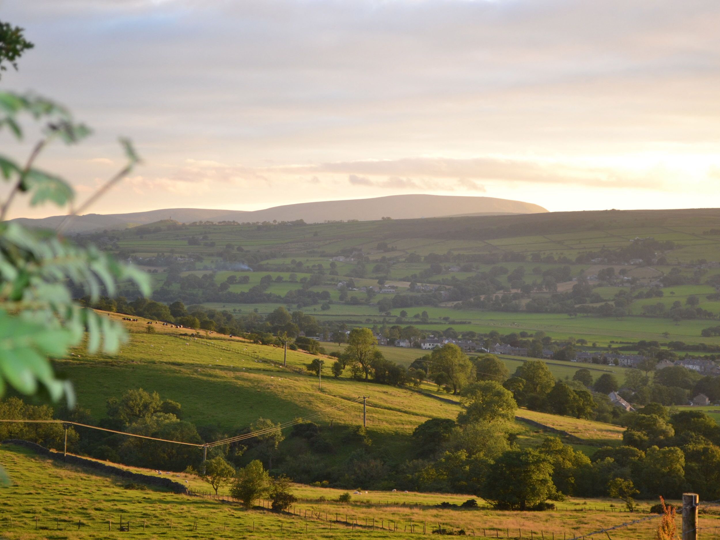 A rural landscape with rolling hills, scattered trees, and a few buildings in the distance.