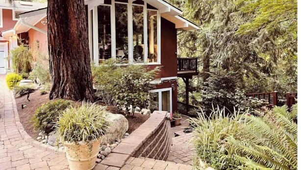 Una casa con un grande albero di fronte, un portico con piante in vaso e una terrazza.