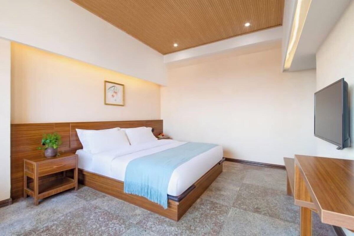 Quarto com estrutura de cama de madeira, mesa de cabeceira com uma planta, televisão na parede e uma pequena escrivaninha de madeira.