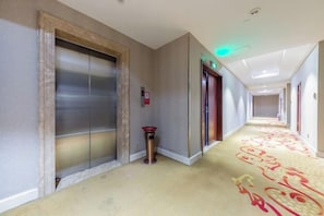 En hotellkorridor med två hissar, en soptunna och en mönstrad matta.