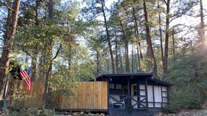 Una cabaña con terraza de madera y un pequeño porche, rodeada de árboles y un camino de grava.