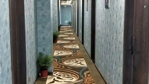 A hallway with patterned carpet, potted plants, and doors on both sides. - edinburgh hotel (Haining)