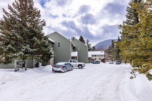 Una calle nevada con un edificio identificado como "TELEMARK" y varios coches estacionados.