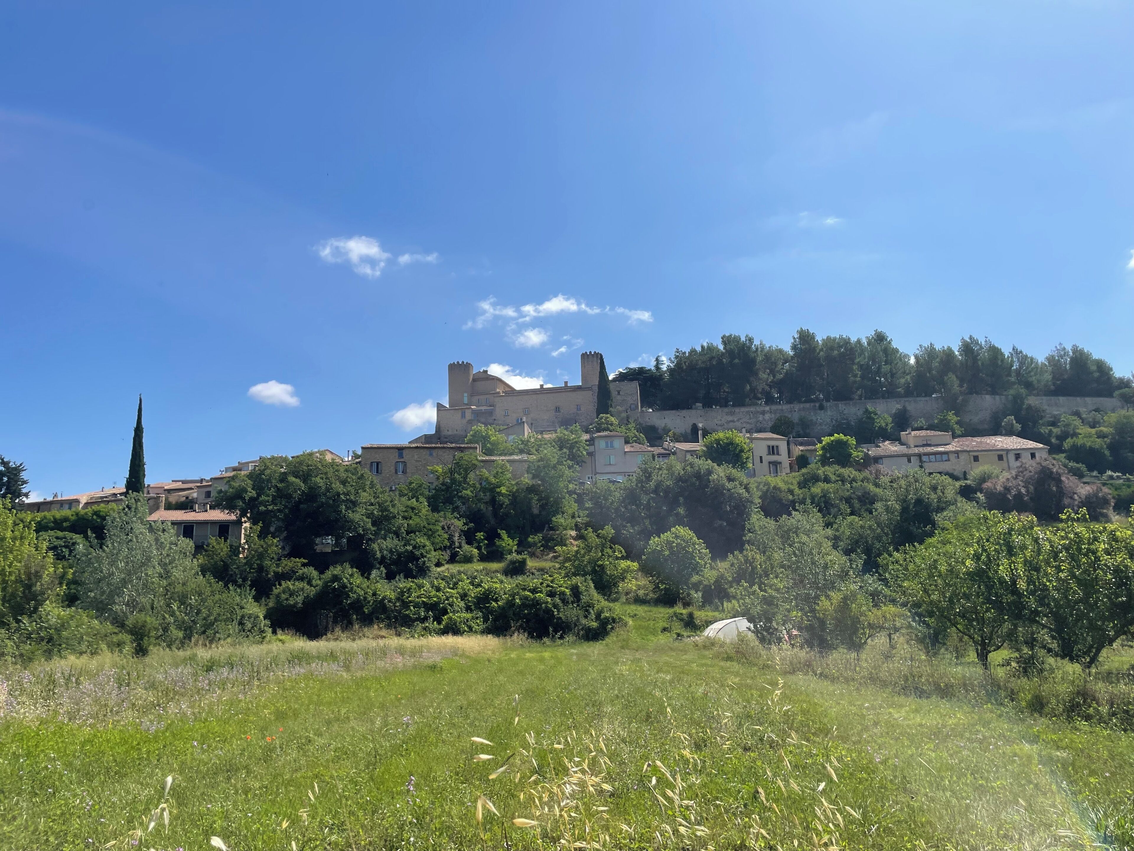 A historic hilltop town with medieval architecture, including a castle-like structure with a tower, surrounded by lush greenery and a clear blue sky.