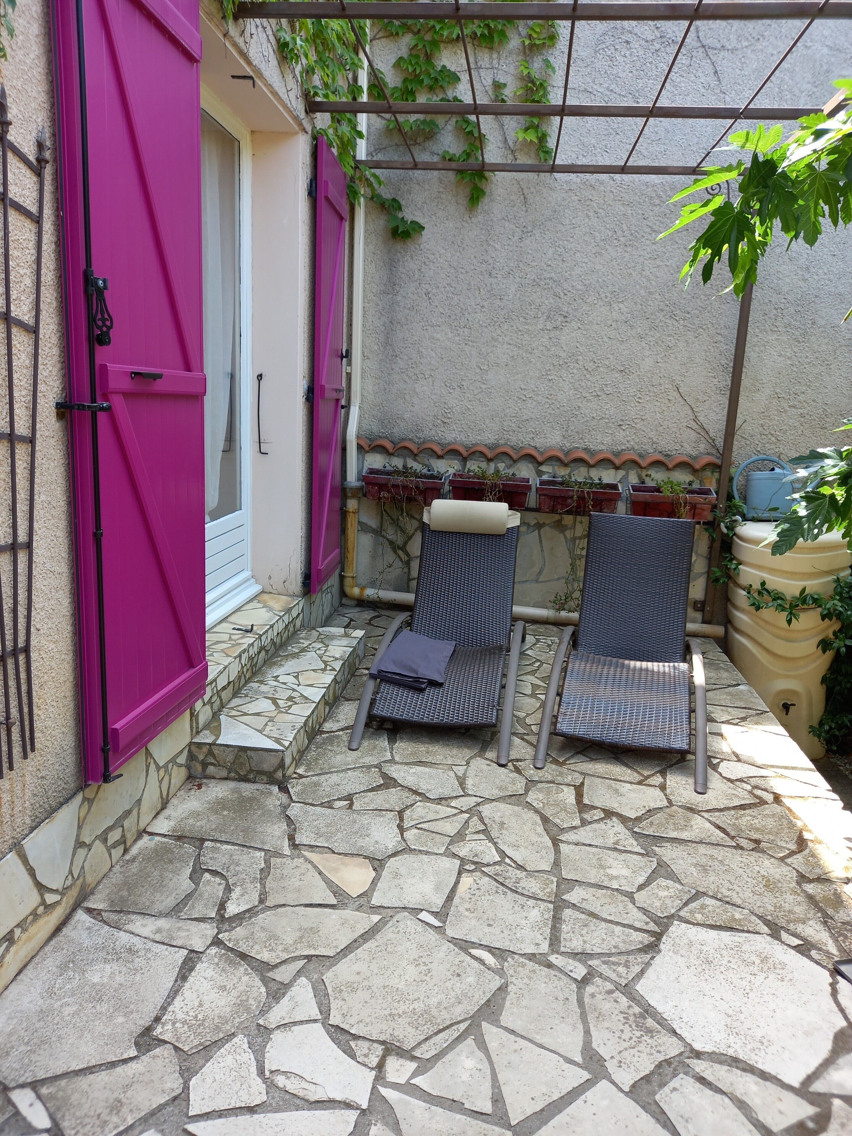 Un patio de piedra con dos sillas de mimbre, una puerta rosa y plantas en macetas.