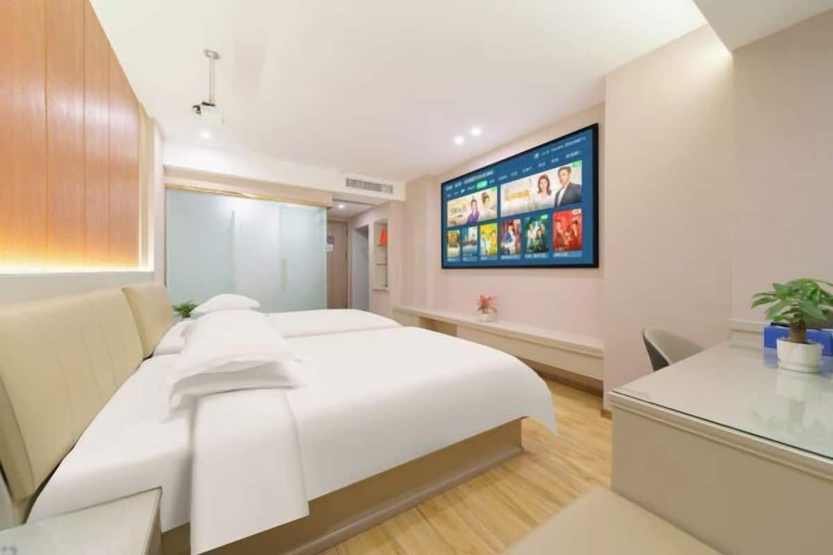 A hotel room with a bed, a desk, a TV mounted on the wall, and a small plant on the desk.
