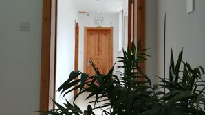 A hallway with a wooden door at the end, white walls, and a potted plant in the foreground.