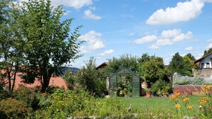 Un jardín con un estanque, un invernadero y una variedad de plantas y flores.