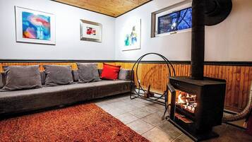 Smart TV, fireplace, books