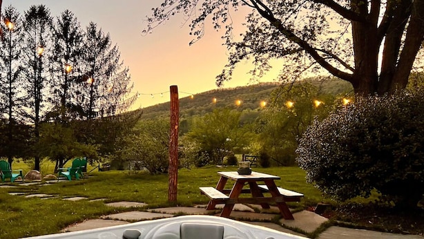 Un jacuzzi en un patio trasero con una mesa de picnic y luces colgantes.