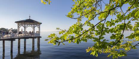 A gazebo on a pier over calm water, surrounded by green foliage.