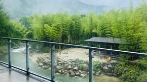 Un río con rocas y una barandilla de cristal que da vista a una zona boscosa y un pequeño edificio.
