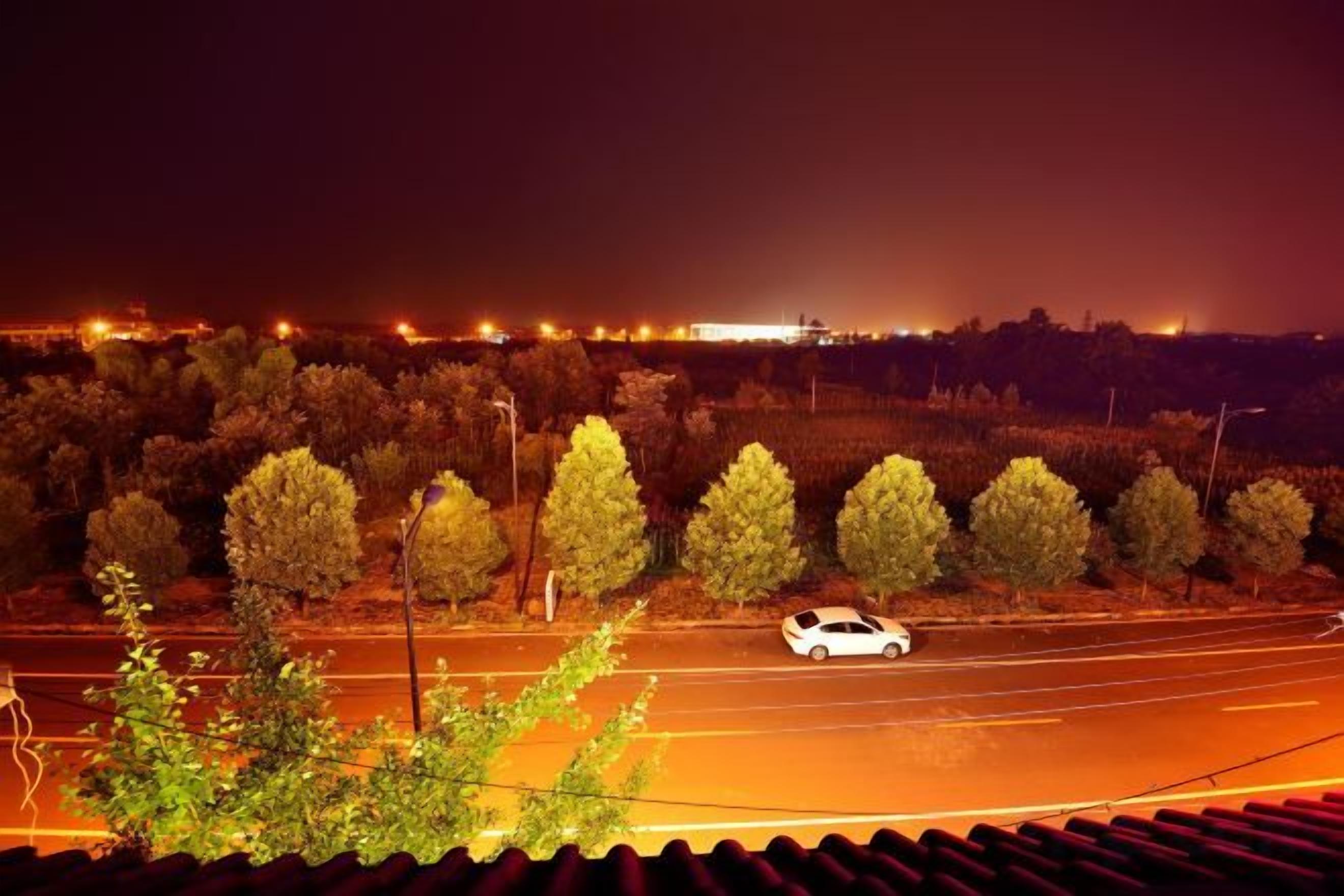 Vista nocturna de una carretera con un coche, árboles y luces distantes.