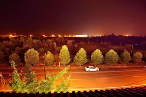 A nighttime view of a road with a car, trees, and distant lights. - Qingcheng Mountain Qingcheng House Inn (Dujiangyan)