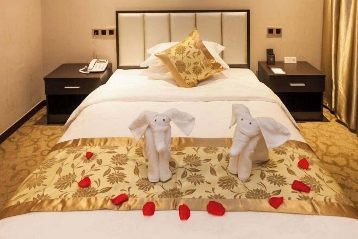 A hotel room with a bed, two nightstands, a telephone, and a decorative pillow.