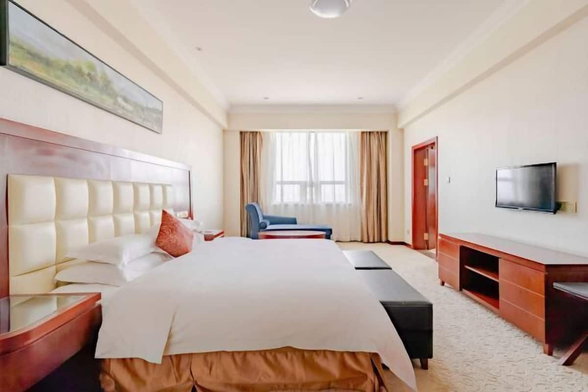 Une chambre d’hôtel avec un grand lit, une télévision, un bureau et une chaise.