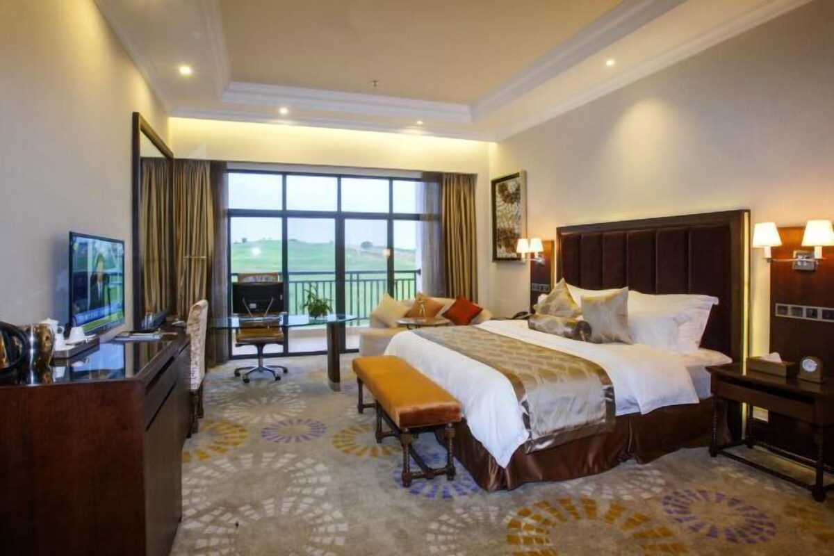 A hotel room with a large bed, a desk with a TV, a balcony with a view, and a patterned carpet.