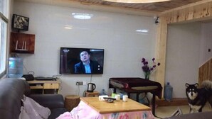 A living room with a television, a sofa, a coffee table, and a dog. - moranju hotel (Zhangjiajie)